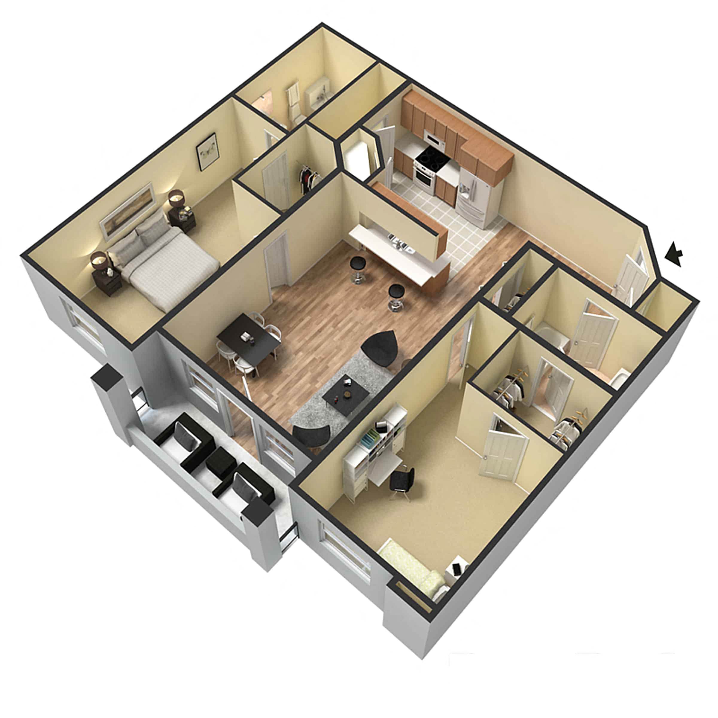 Floor plan for 2 beds, 2 baths, 1040 sqft